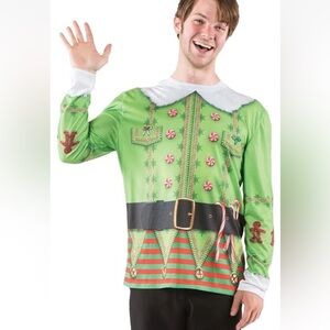 Faux Real Long Sleeve Tee Christmas Elf Print Funny Ugly Sweater Look Green L